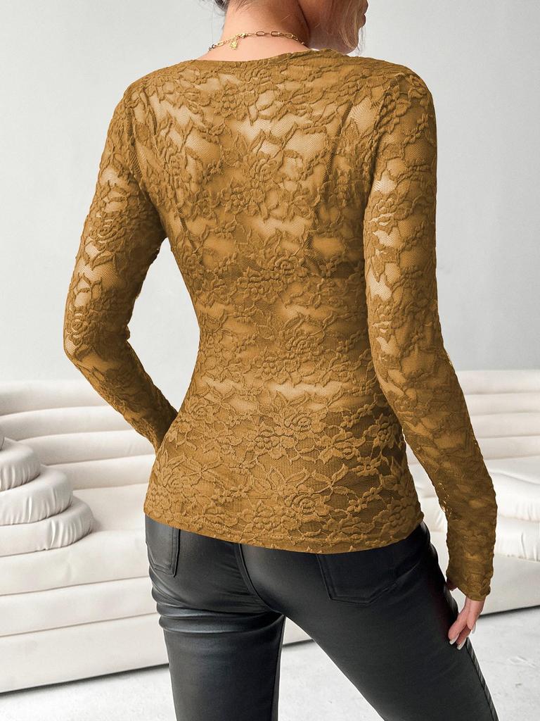 Elegant 2025 V-Neck Fan Collar Lace Pullover - Long Sleeve Slimming Top