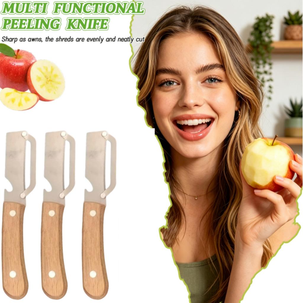 Set mit 3 Gemüseschälern und Obstschälmessern aus Edelstahl mit Holzgriff und scharfen Klingen für den Küchengebrauch