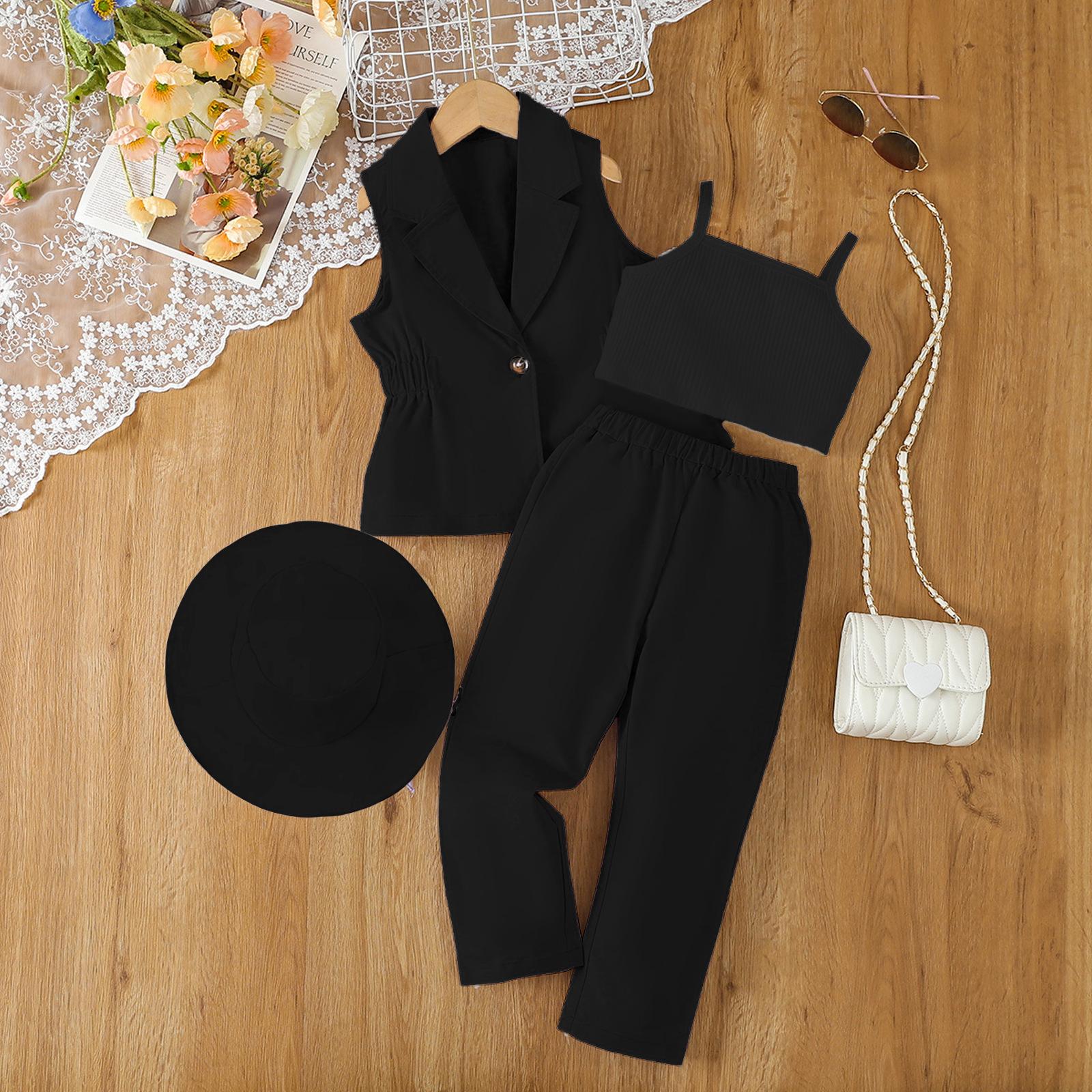 

Модный костюм для девочек, летнее детское повседневное пальто + жилет + брюки со шляпой 7Y