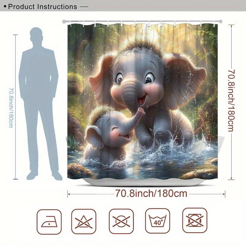 1pc Baby Elephants Shower Curtain - Adorable Splash Design, 70.8x70.8", Polyester, 12 Hooks, Washable, Forest Stream Theme