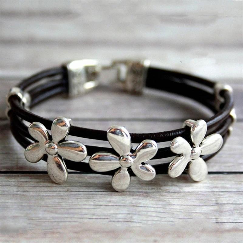 Böhmisches Vintage Blume Glück Leder Mehrschichtarmband für Frauen Männer Freundschaft Handgefertigter Schmuck Paare Armreif Geschenk