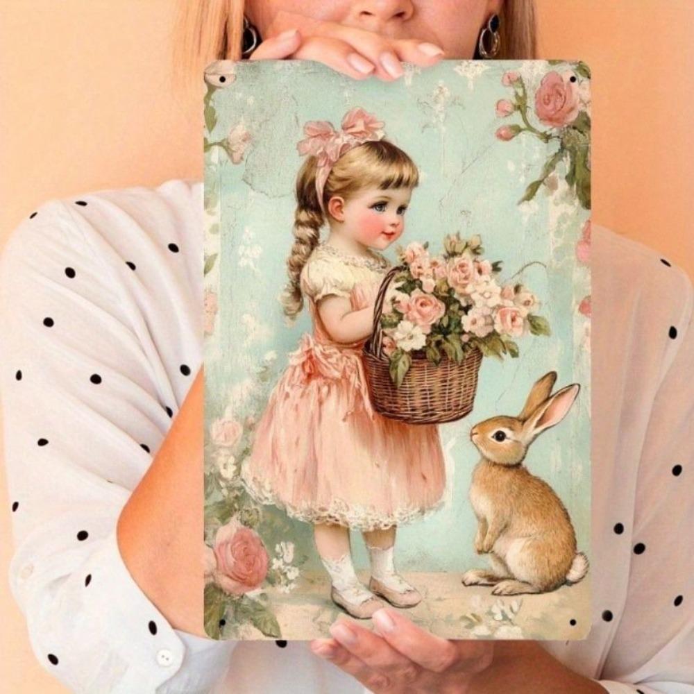 Vintage Metal Poster Rabbit Girl 8x12 Inch Tin Sign Wall Art Decor