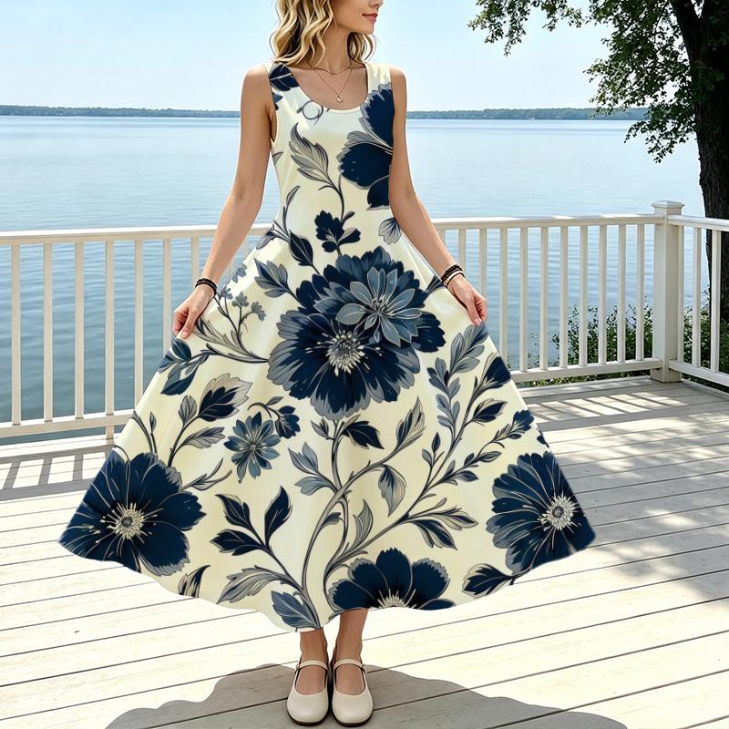 Elegant Sleeveless Floral Maxi Dress,Lightweight Full Flowy Skirt,Floor Length Summer Dress for Vacation,Daily Casual & Home Wear