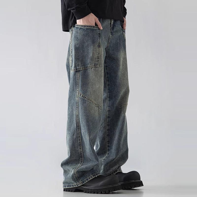 Spring Men's Vintage Multi-Pocket Cargo Jeans Vintage Distressed Baggy Denim Pants High Street Straight Wide Leg Jean