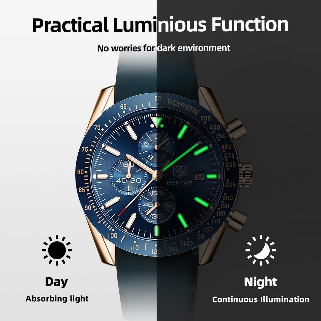BY BENYAR Watch Watch Chronograph Analog Watch 30M Water Resistant Business Simple Stylish Popular Formal Leather Belt Quartz Watch Gift for Men Blue