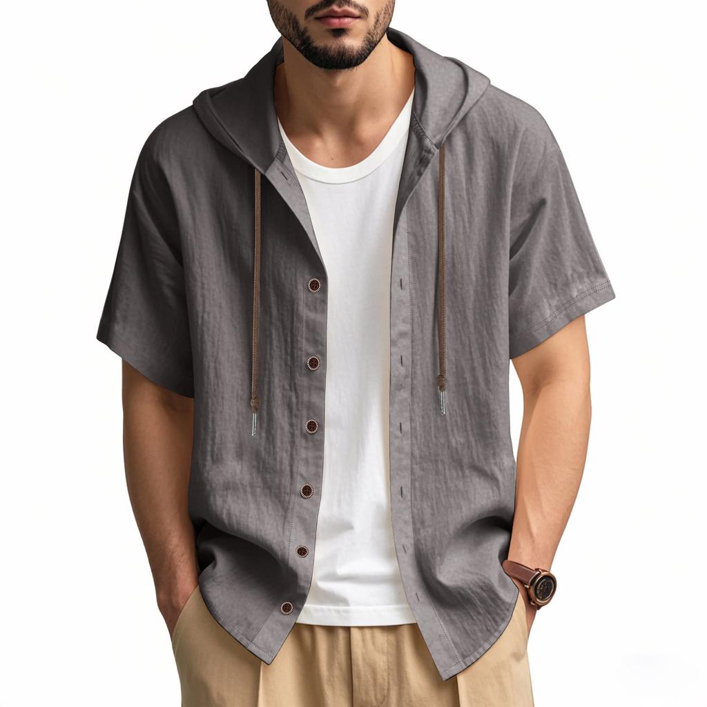 Men's Lightweight Breathable Linen Hooded Shirt Casual Loose Fit Short Sleeve Button Front Summer Outdoor Clothing