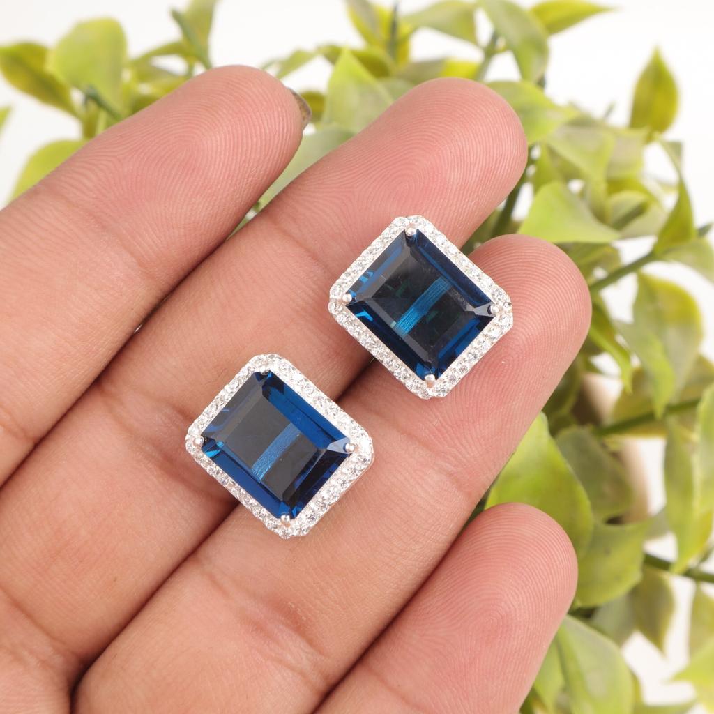 London Blue Topaz Gemstone 925 Stamped Silver Jewelry Zircon Stud Earrings 0.57" CZE-6-10