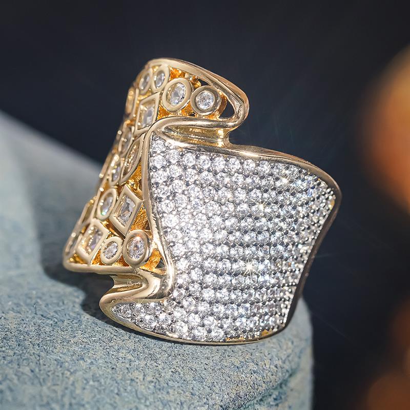 Huitan Asymmetric Women Ring Geometric Design Party Club Statement Full Shiny Cubic Zirconia Accessories Luxury Trendy Jewelry