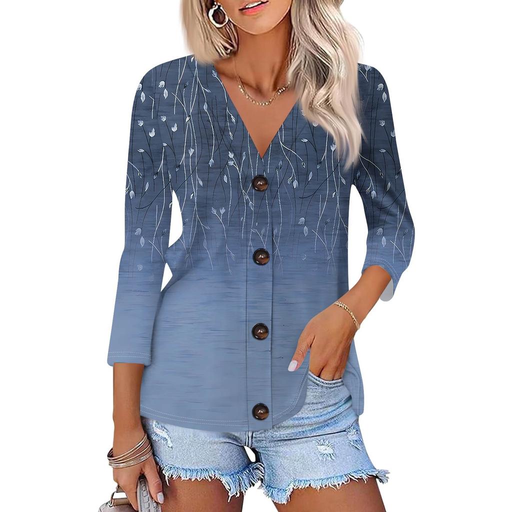 Women's Fashion Casual  Print Button-Down Shirt Three-quarter Sleeve Cardigan Top