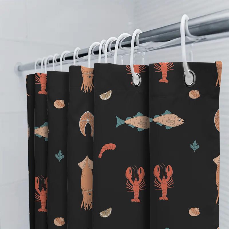 Aquatic Life Animal Print Shower Curtain Fish Lobster Design In Pastel Colors Black Fabric Waterproof Bath Decor For Home Decora