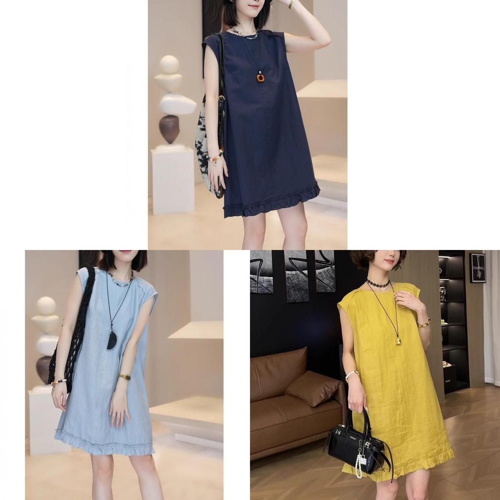 Summer Slimming Vintage Cotton Linen Dress With Round Neck For Casual And Travel Wear