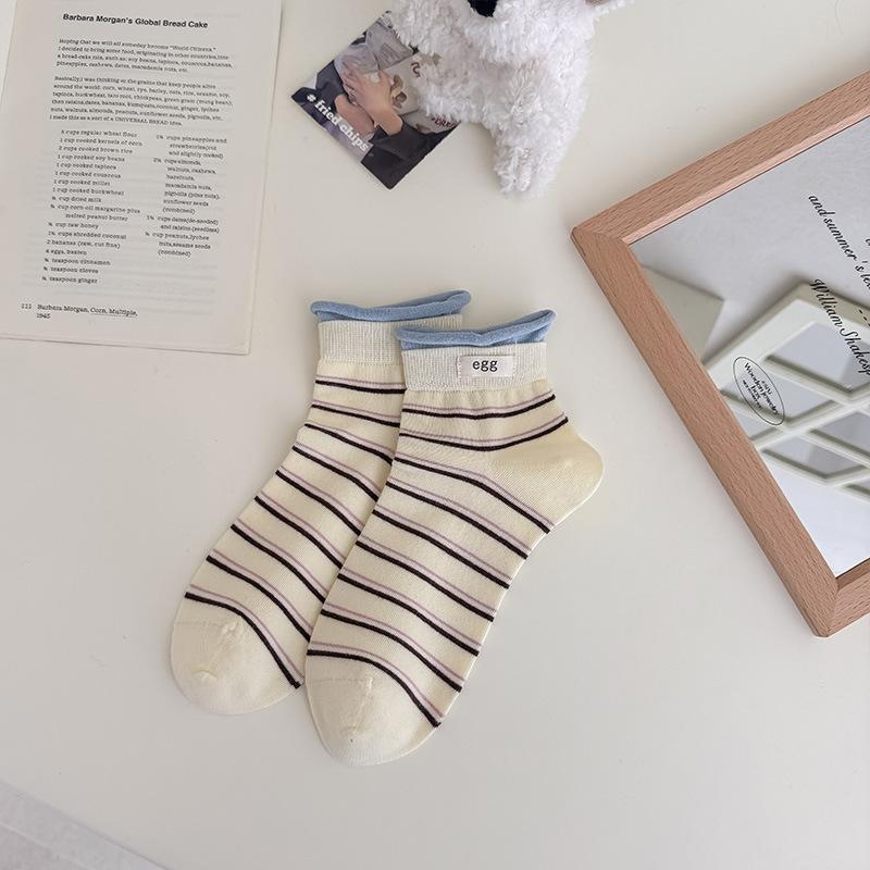 

Sock Children s Summer Light-weight Letter-patterned Short Tube Socks with Trendy Color Contrast and Double Rolled Edges, Striped Without A Core. 1 pair вершковий