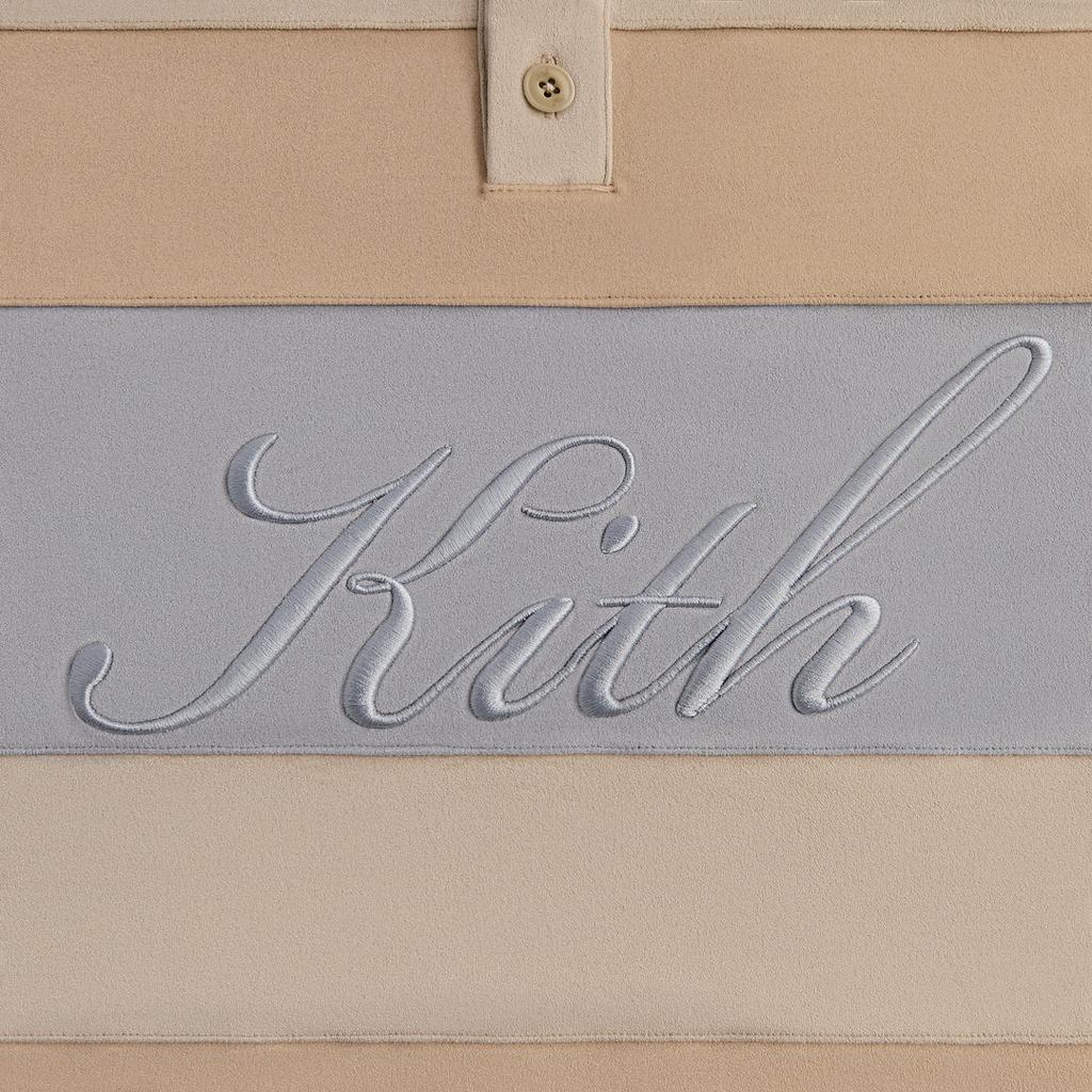 Kith FW24 Stripe Microsuede Tanner Pullover Fall 2024 Collection Lettered American College Style Long Sleeve Polo Shirt Men Tops Sand KHM032334-104