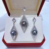 Tahitian Black Pearl Diamond-Shaped Pendant and Earrings Set In S925 Sterling Silver