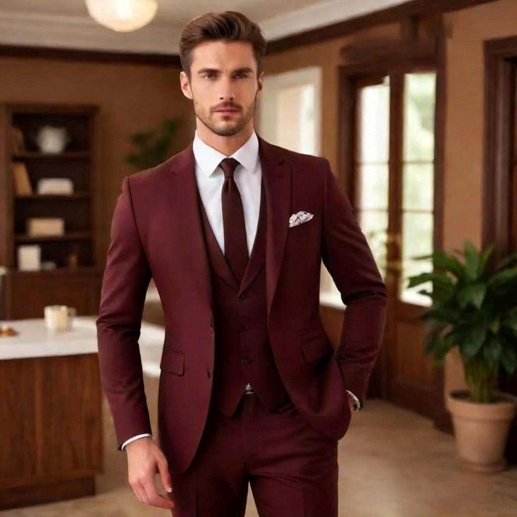 Dark Brown Suits for Men Fashion Single Breasted Solid Male Suit Fashion Business Casual Formal Wedding Party Tuxedo 3 Piece