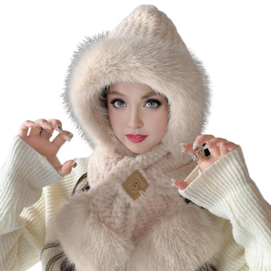 

Yousheng Женская зимняя интегрированная шапка и шарф из толстого флиса, теплая, с рисунком медведя, ветрозащитная, полная защита для путешествий на открытом воздухе в холодную погоду