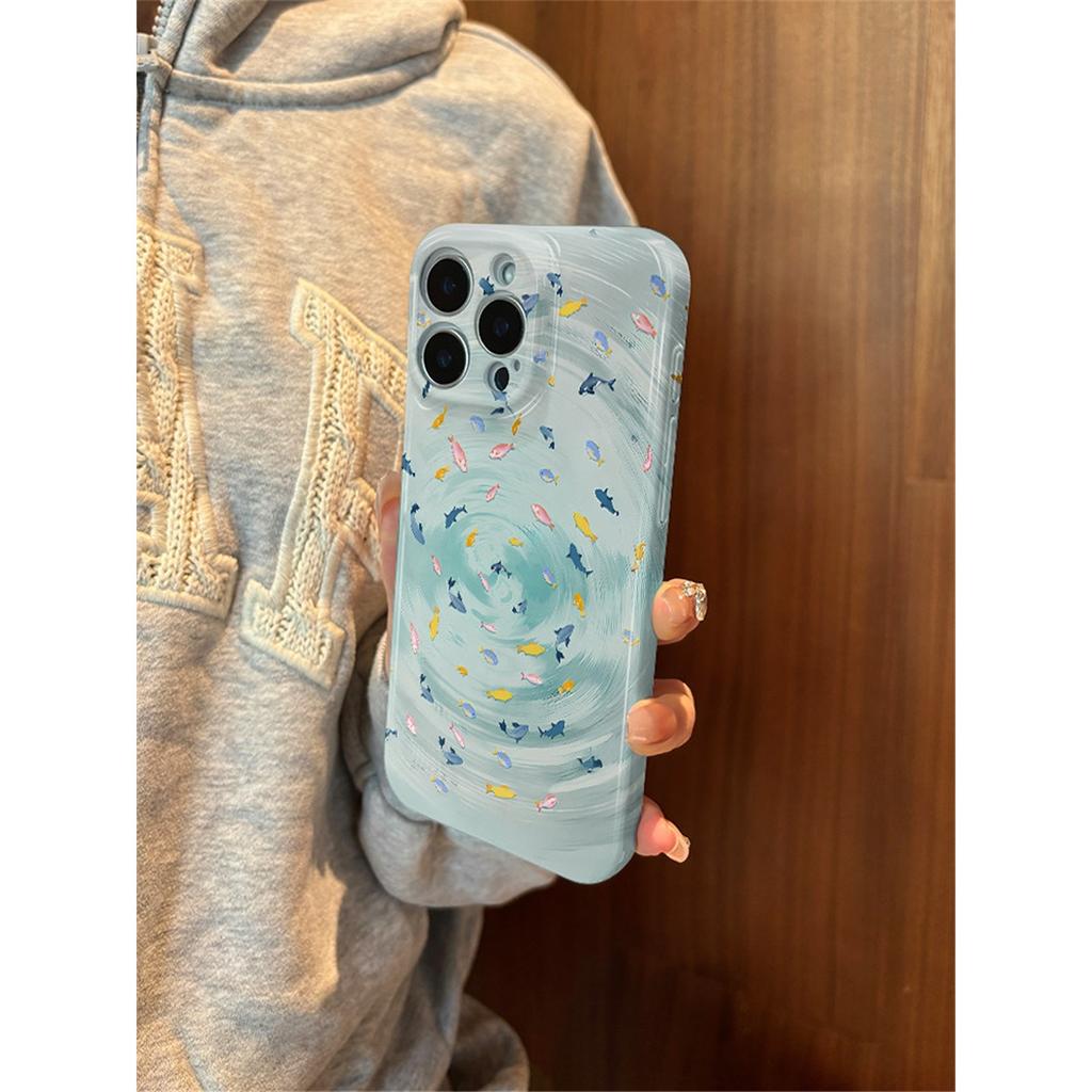 Cute Ocean Fish Phone Case, Aesthetic Blue Sea Wave Pattern Hard Protective Cover For iPhone