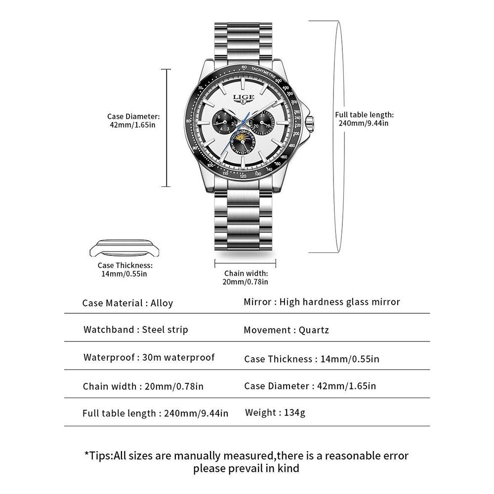 Men Quartz Wrist Watch Luminous Scale Waterproof Steel Strap Chronograph Watch with Calendar 24H Display