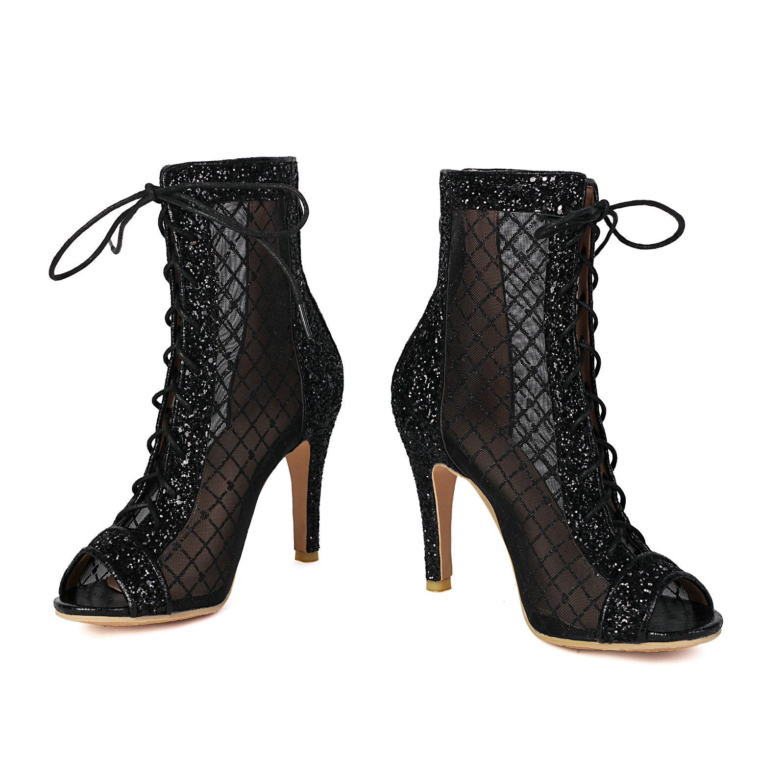 

Sexy Sparkly Dance Sandals Woman Dressy Stiletto Sturdy High Heels Shoes Lace Up Zipper Summer Mesh Boots for Wedding Birthday 34 чёрный