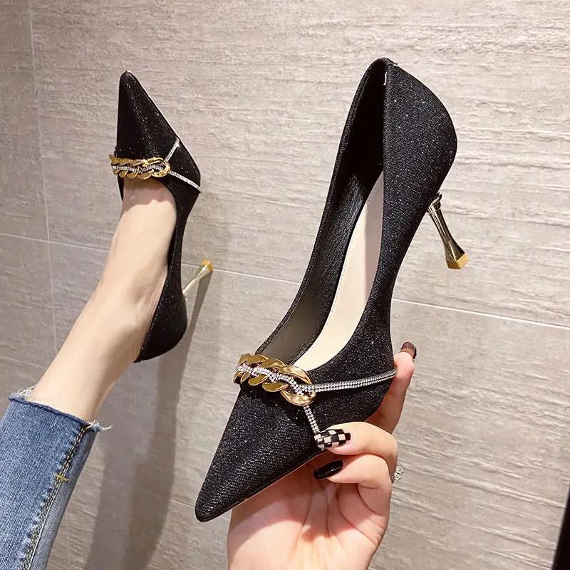 Formal Luxury Leather Casual Pointed Toe Shoes For Women 2025 On Heeled Pumps Black Ladies Summer Footwear High Heels Vacation A