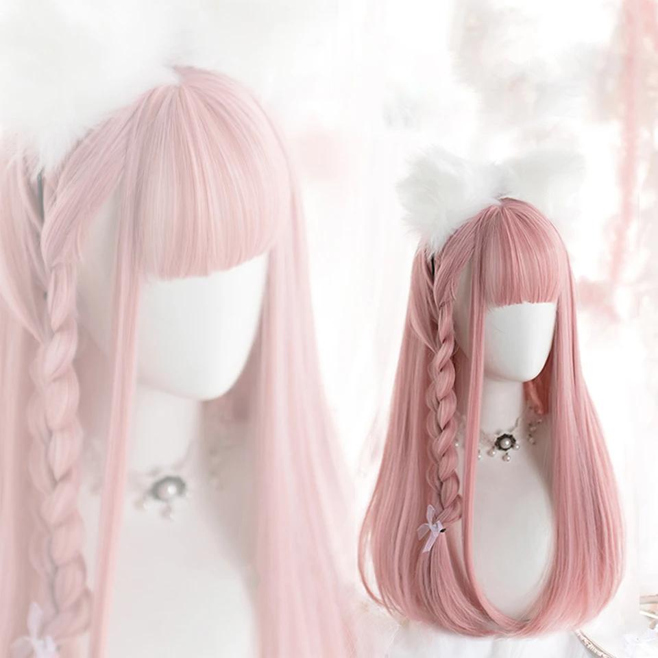 Synthetic Wig Pink Long Straight Wig With Bangs For Women Long Hair Heat Resistant Lolita Cosplay Party
