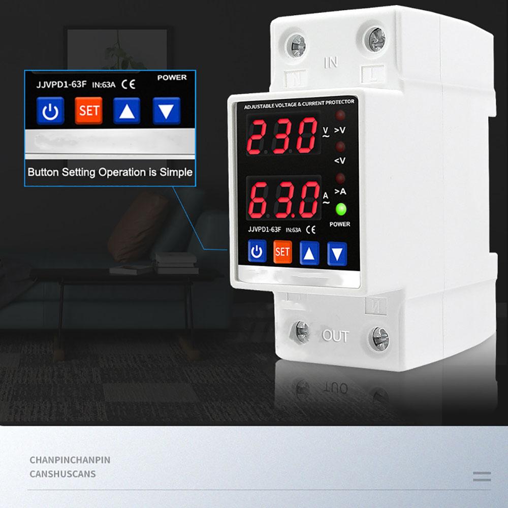 Dual Display 40A 63A 80A 230V Din Rail Adjustable Digital Over Under Voltage Relay Surge Protector Limit Over Current Protection