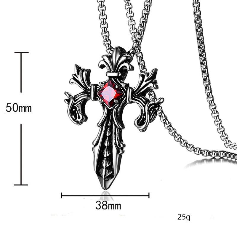 Retro Double Dragon War God Cross Pendant Necklace with Inlaid Diamond - Titanium Steel Jewelry