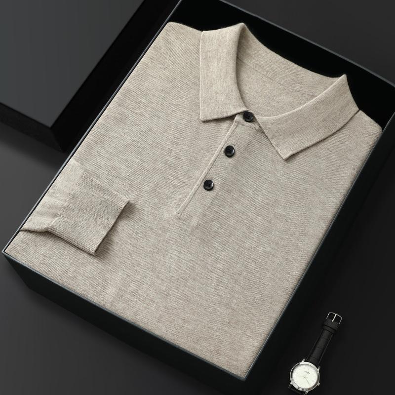 Men's Spring and Autumn Casual Polo Collar Long-sleeved Knit Shirt Solid Color Loose Business Pullover Tops