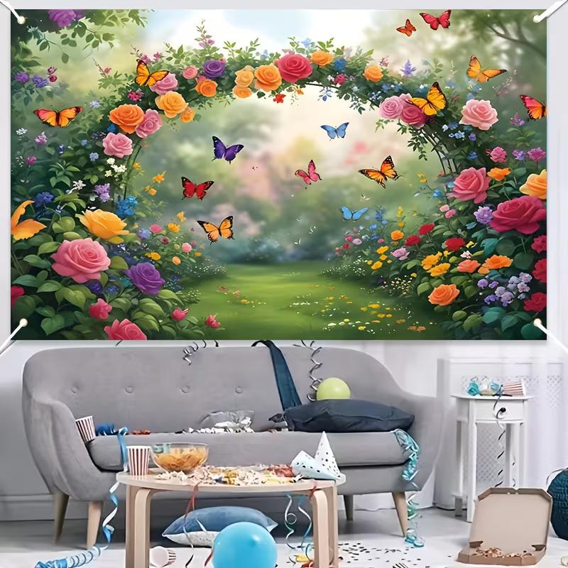 2D Fairy Tale Floral Arch Background, Enchanted Garden with Butterflies Themed Backdrop