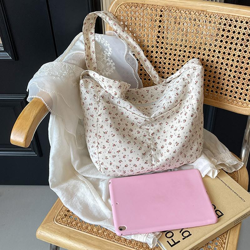 Floral Canvas Hand Washable Tote Bag for Women Large Capacity Zipper Closure Casual Shoulder Crossbody Bag CLE