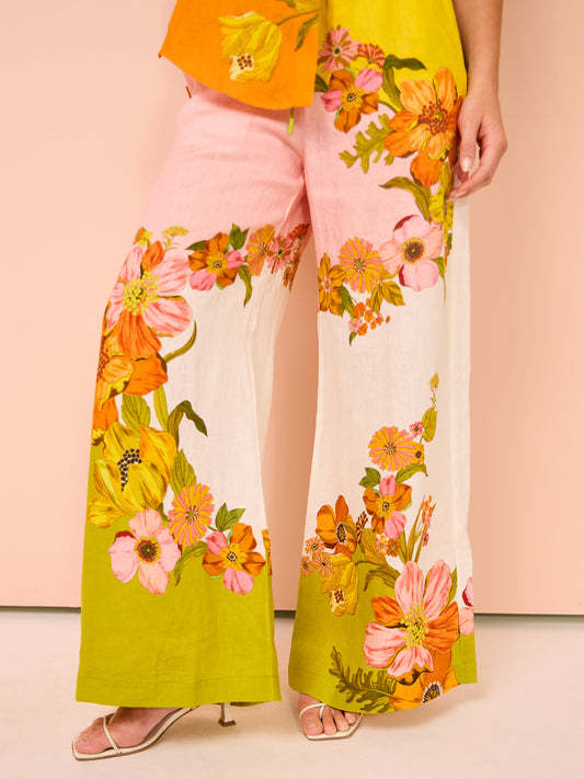 1116 New European and American Printed Cotton and Linen Two-piece Set Top + Wide-leg Pants