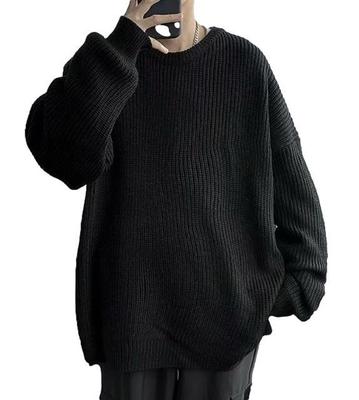 Maison De TAO Oversized Loose Chunky Round Long for and Students Men's Sweater, Fit, Simple, Knit, Mid-Gauge, Neck, Sleeves, Unisex, Fall, Winter,