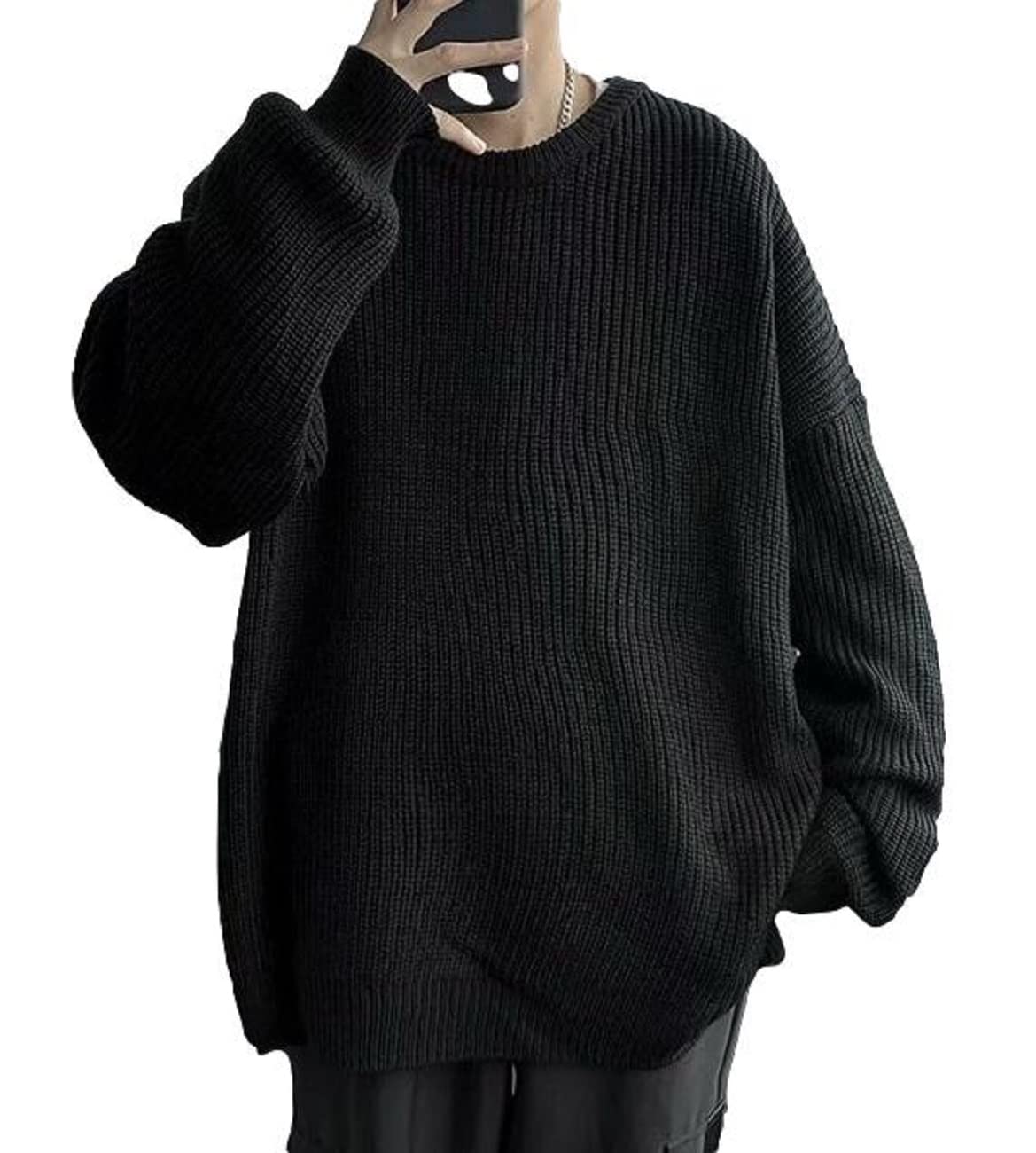 

Maison de TAO Oversized Loose Chunky Round Long for and Students Men s Sweater, Fit, Simple, Knit, Mid-Gauge, Neck, Sleeves, Unisex, Fall, Winter, чорний