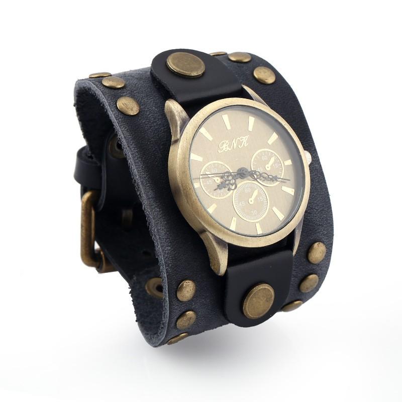 Mens Punk Style Vintage Leather Bracelet Watch With Rivets Wide Cuff Band Casual Fashion