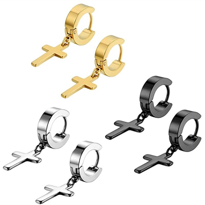 WKOUD 2PCS Stainless Steel No Piercing Cross For Men Kpop Clip On Cross Earring Gothic Punk Fake Ear Cuff Cross Earring Dangle