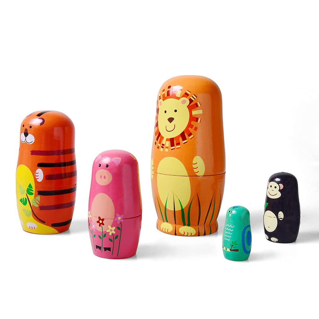 Matryoshka Wooden Cartoon Animal Nesting Dolls Lion Tiger Pig Monkey Owl 5 Layers Doll Set