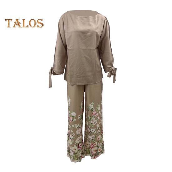 2 Pcs/Set Women Top Pants Set One Shoulder Slant Neck Three-quarter Sleeve Lace-up Cuff Blouse Flower Print Stretchy High Waist Wide Leg Trousers