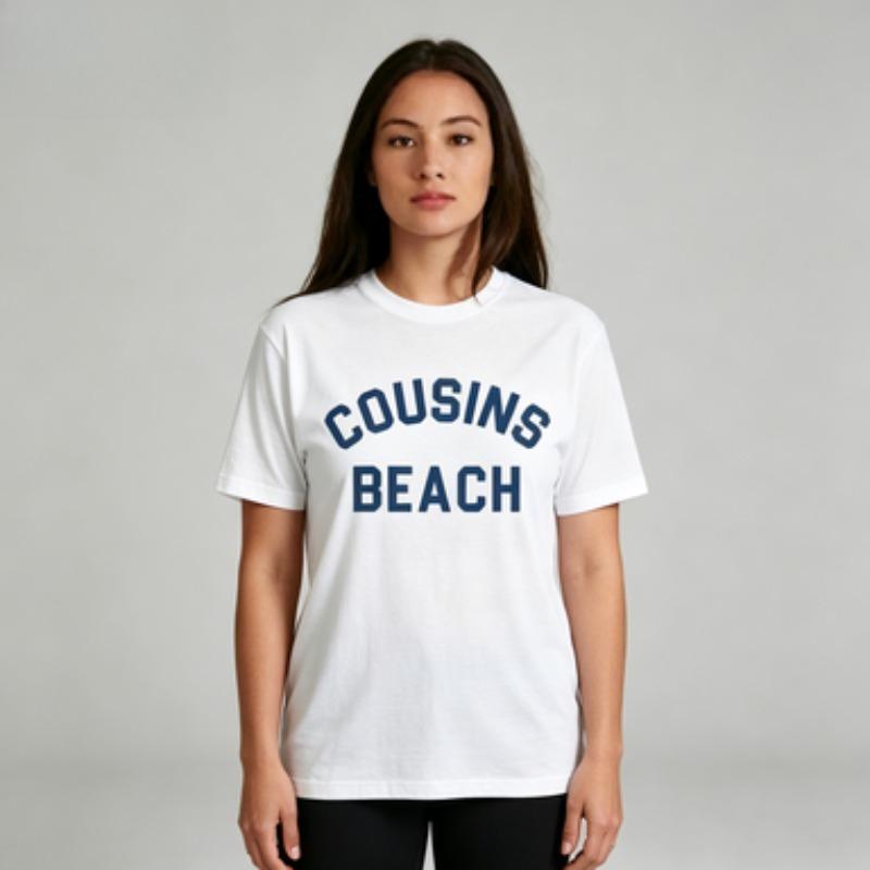 Unisex Modal Tshirt Cousins Beach Letter Print Short Sleeve Round Neck Summer Beach Soft Casual Graphic Tee Black White