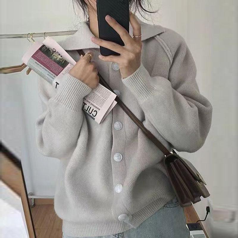 Autumn Winter Lazy Flip Collar Knitted Sweater Single breasted Sweater Women's Korean New Solid Thick Retro Long Sleeve Coat