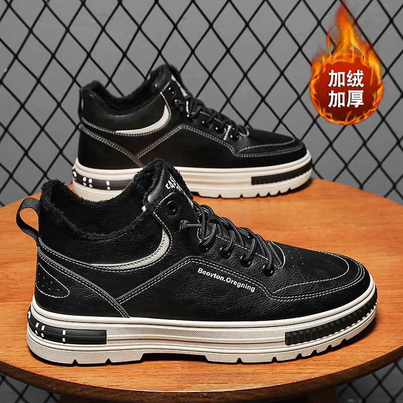 Winter New Plush Warm Sneakers for Men Trend High-top Casual Flat Shoes Lace Up Korean Version Tooling Shoes