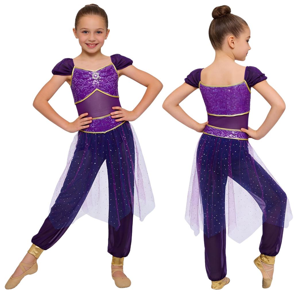 Dívčí sada arabské princezny pro břišní tance: Barevný overal s kamínky, flitrovaným pasem a tylovým přehozem pro Halloween Cosplay