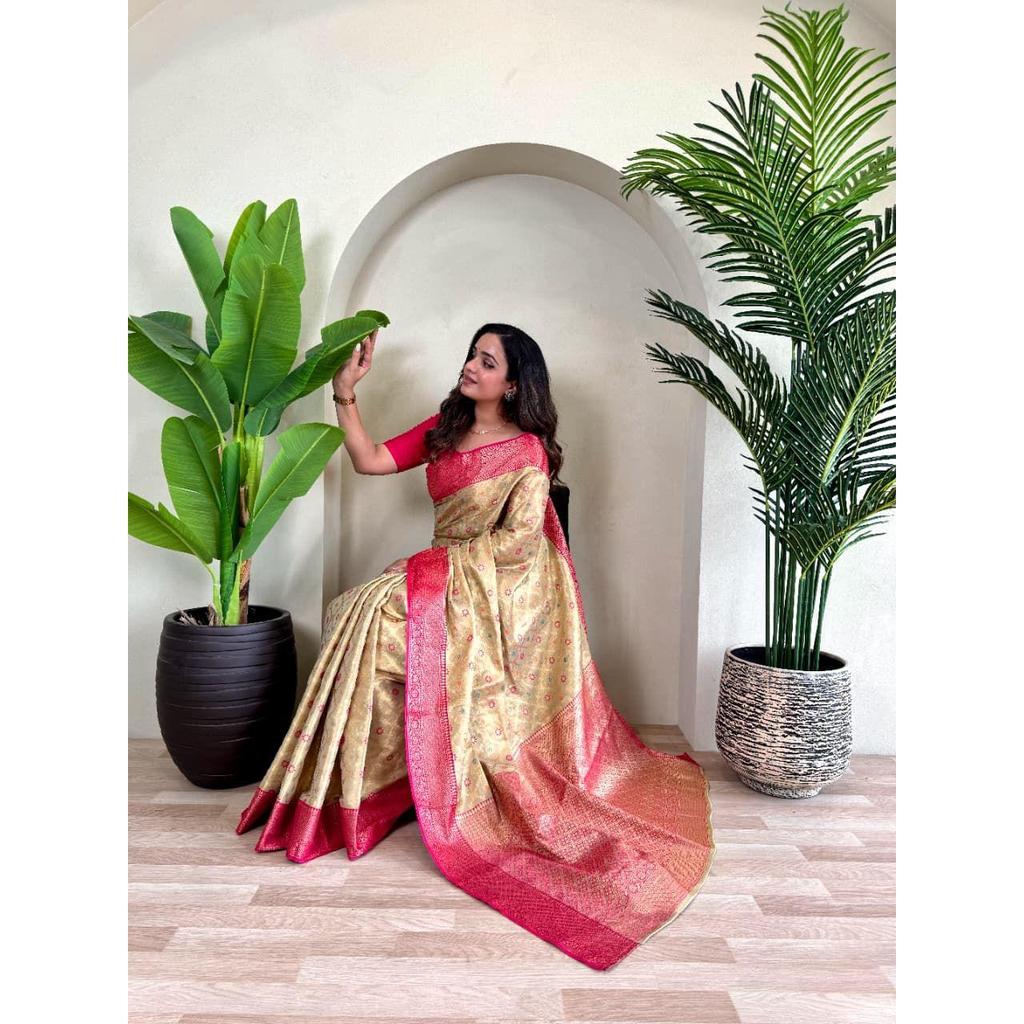 Pure tissue silk saree with zari weaving and meena work with running blouse and elegant jaal on the body.  blouse : contrast as per video