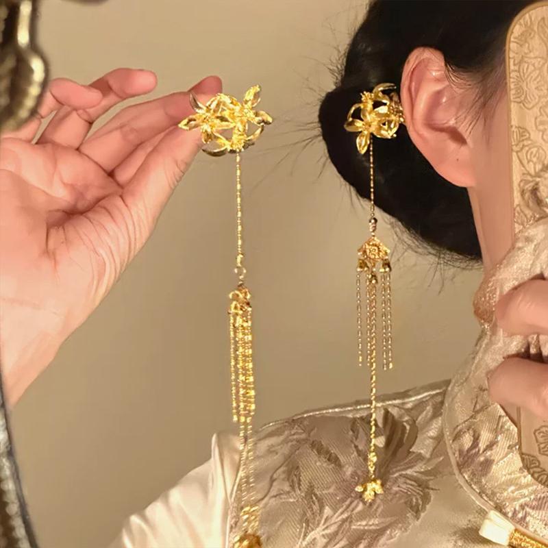 Vintage Chinese Style Pearl Tassel Hair Clips Enamel Flower Hair Pins For Women Hanfu Wedding Hair Accessories