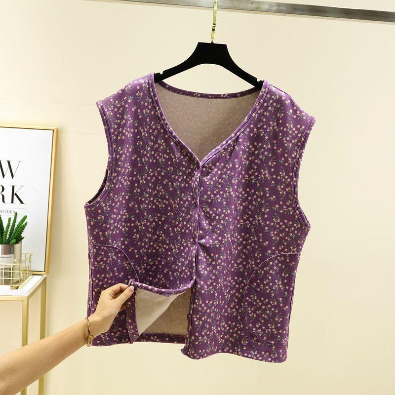 Double-Sided Dralon Floral Warm Waistcoat Middle-Aged and Elderly Fleece-lined Buckle Vest Thick Sleeveless Mom Wear Cold-Proof Vest