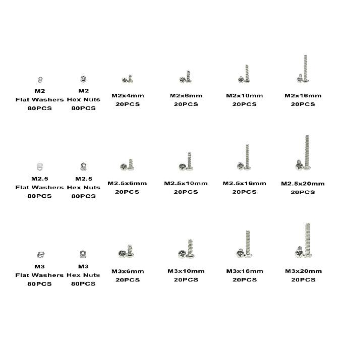 720PCS M2 M2.5 M3 Stainless Steel Phillips Pan Head Machine Screws Nuts Flat Washers Assortment Kit