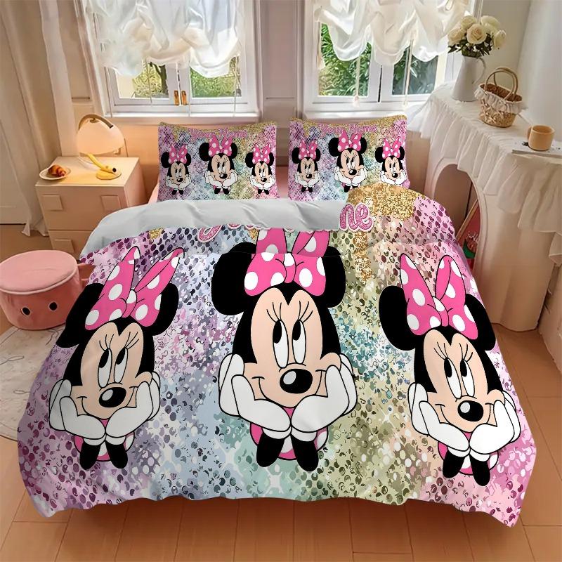 Custom 3pcs Minnie Polka Sparkle Bow Bedding Sets For All Sizes New 104D Printed Bed Cover Comforter Duvet Cover Pillowcase Bedroom Decoration