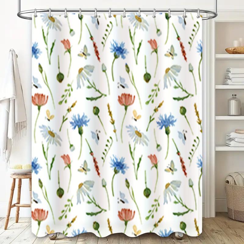 Watercolor Flowers Shower Curtain White Fabric with Blue Red Purple Pink Daisies Butterflies Green Grass 3D Waterproof for Bathr