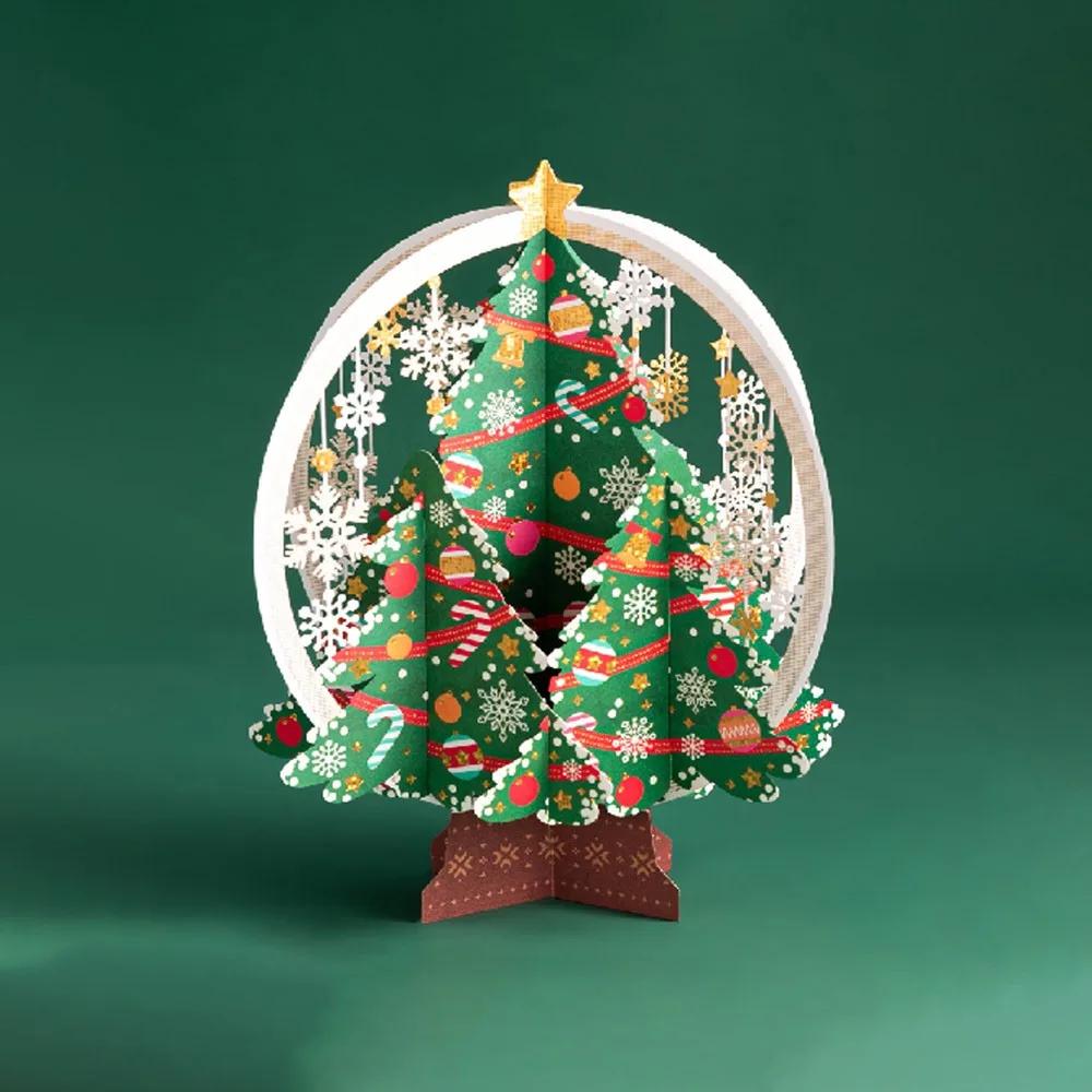 Paper Christmas 3D Greeting Card with Envelope Craft Merry Christmas Blessing Cards Gold Plated Pop Up Paper Carving Postcard