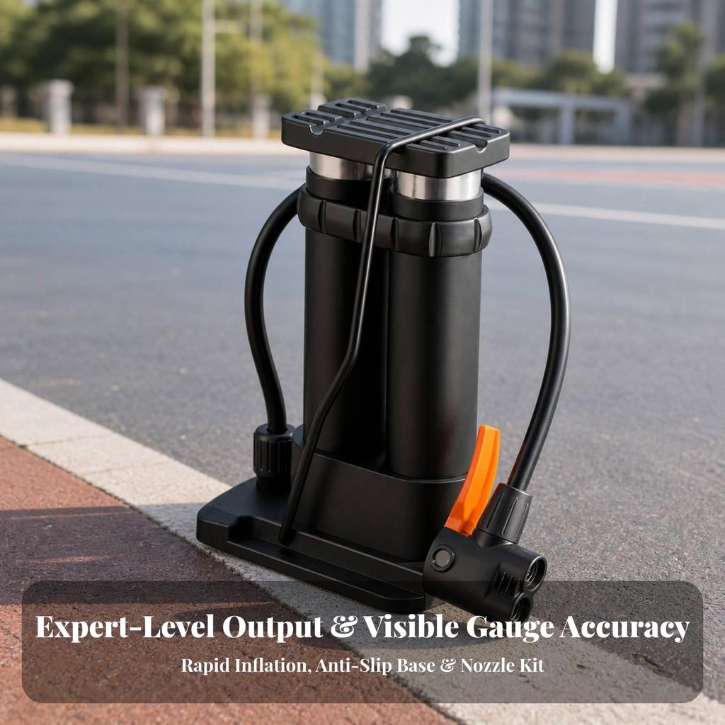 Compact Bike Foot Pump | Wide Non-Slip Pedal, Double Cylinder Pump,
