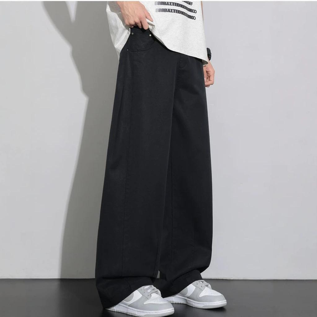 Summer New European Scimitar Splicing Loose Black Straight Wide-leg Casual Pants Men's Very Light Pants
